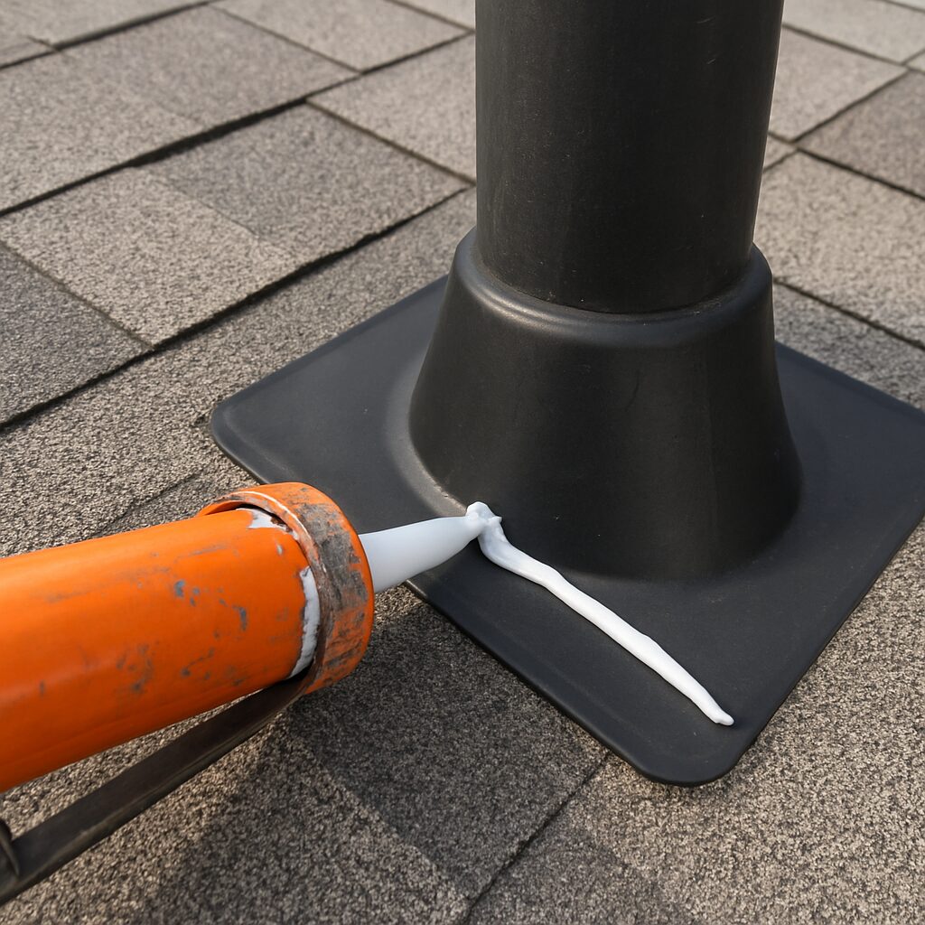 A photo showing a caulk gun applying a clean, thick bead of sealant around the base of a roof vent pipe