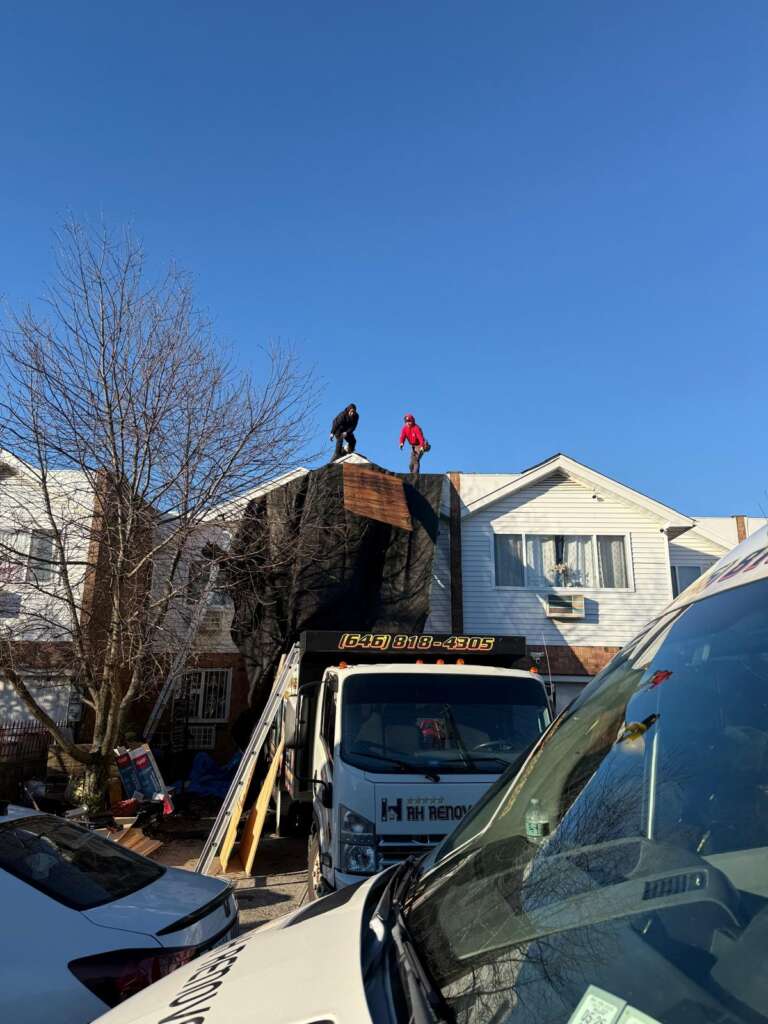 Shingle roof installation in progress at Castle Hill, Bronx (ZIP 10473). Roofing team removing old shingles, preparing roof deck, installing underlayment and ventilation for durable and long-lasting results